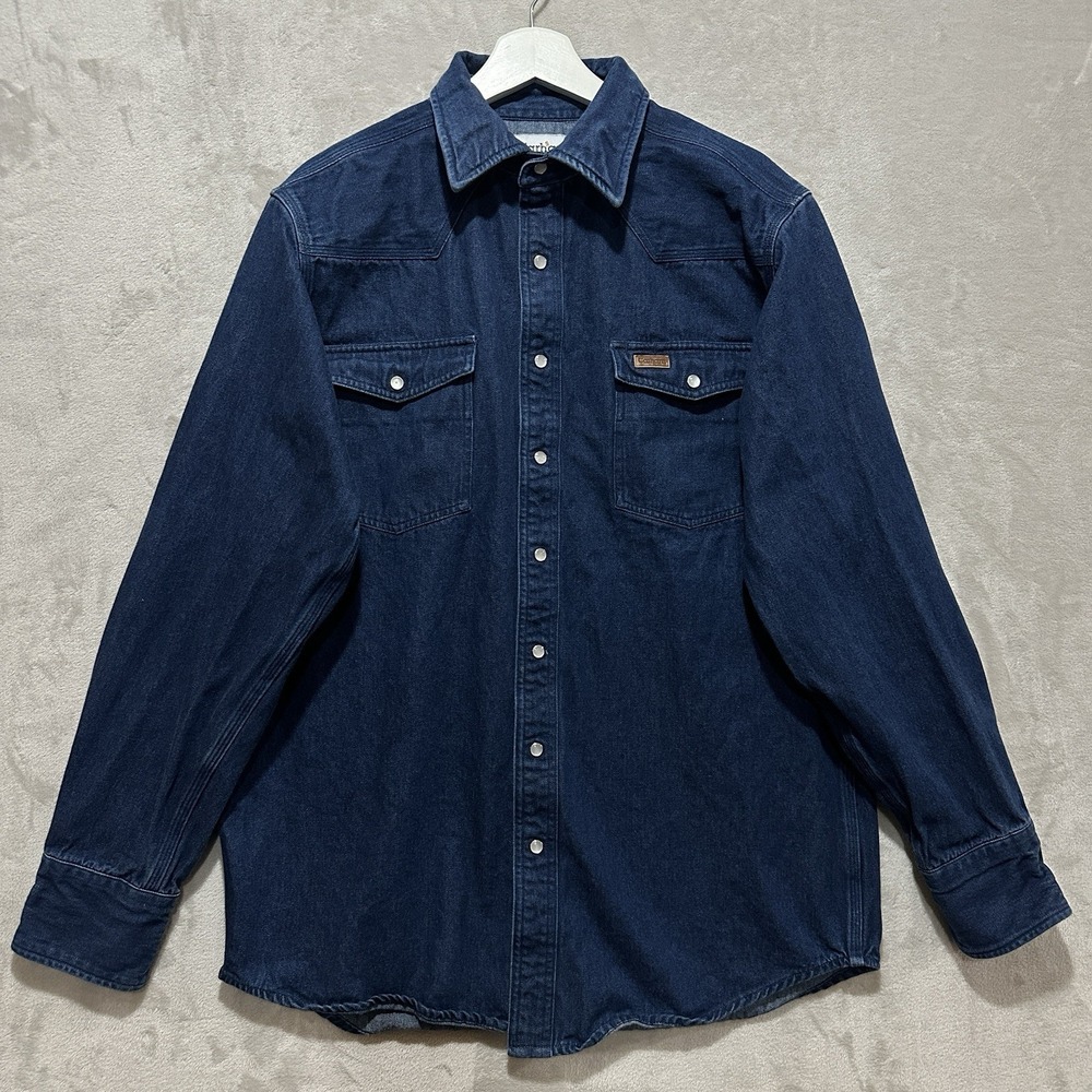 Carhartt Denim Shirt Workwear Shirt Pearl Snap Buttons S141DMB Size L -Tall